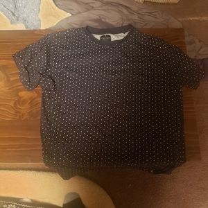 Navy blue and white polkadot short sleeved shirt